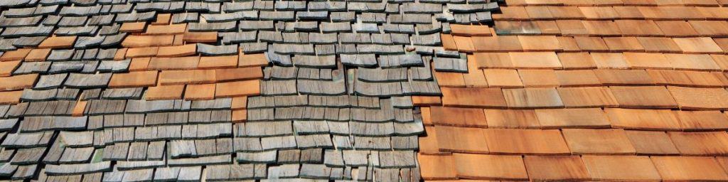 Old and new wood shake shingles on a Colorado roof.